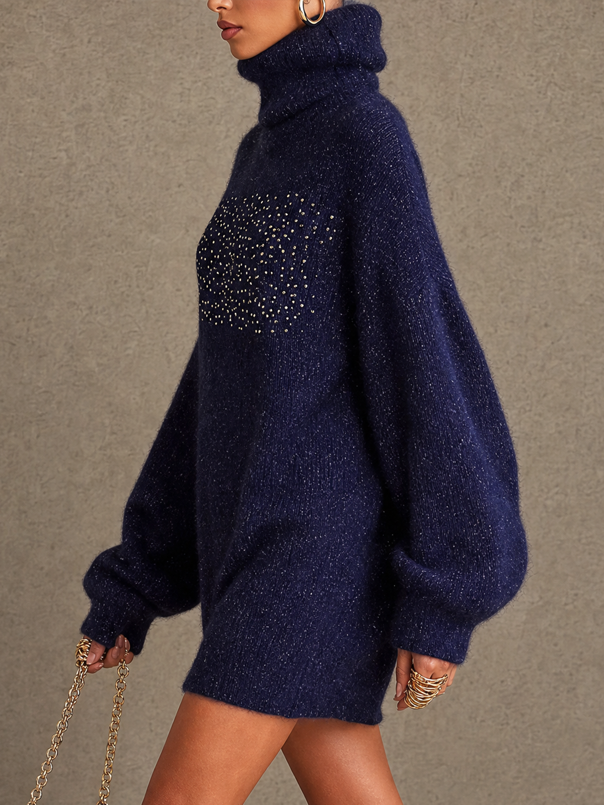 Navy Blue Turtleneck Rhinestone Oversized Knit Mini Dress