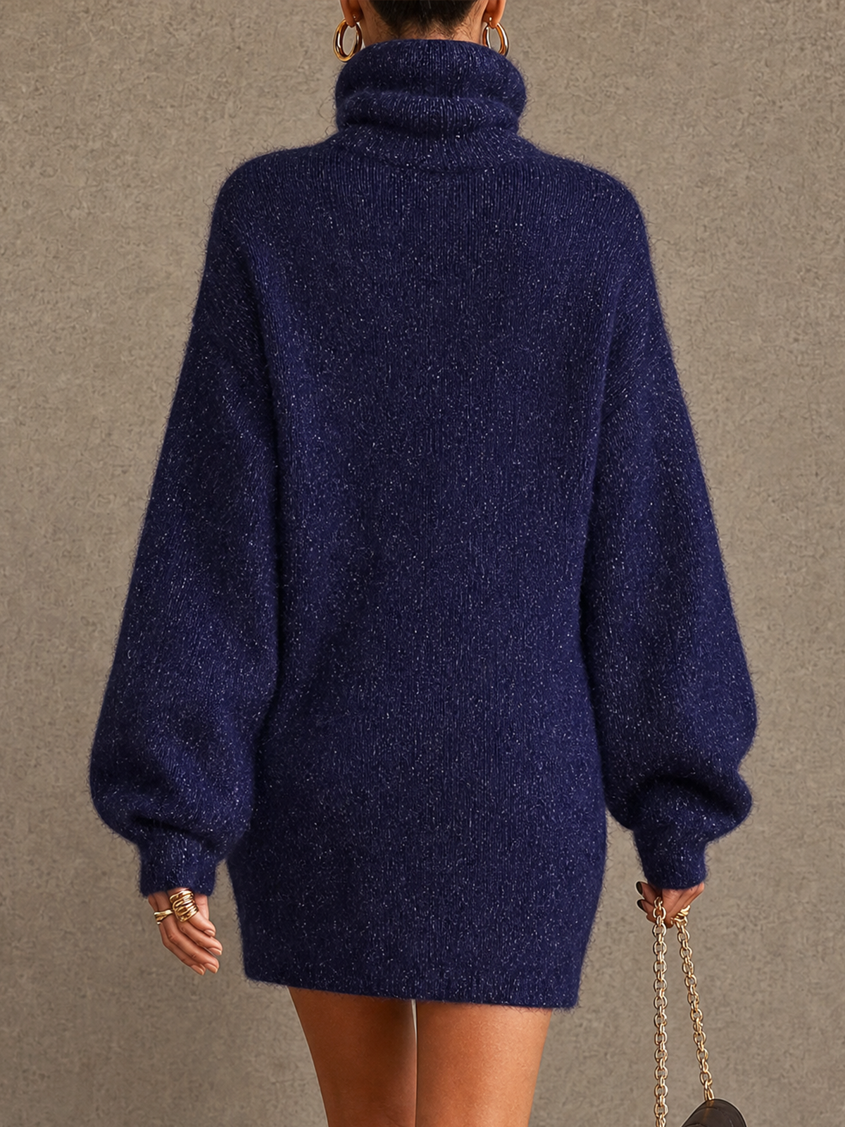 Navy Blue Turtleneck Rhinestone Oversized Knit Mini Dress