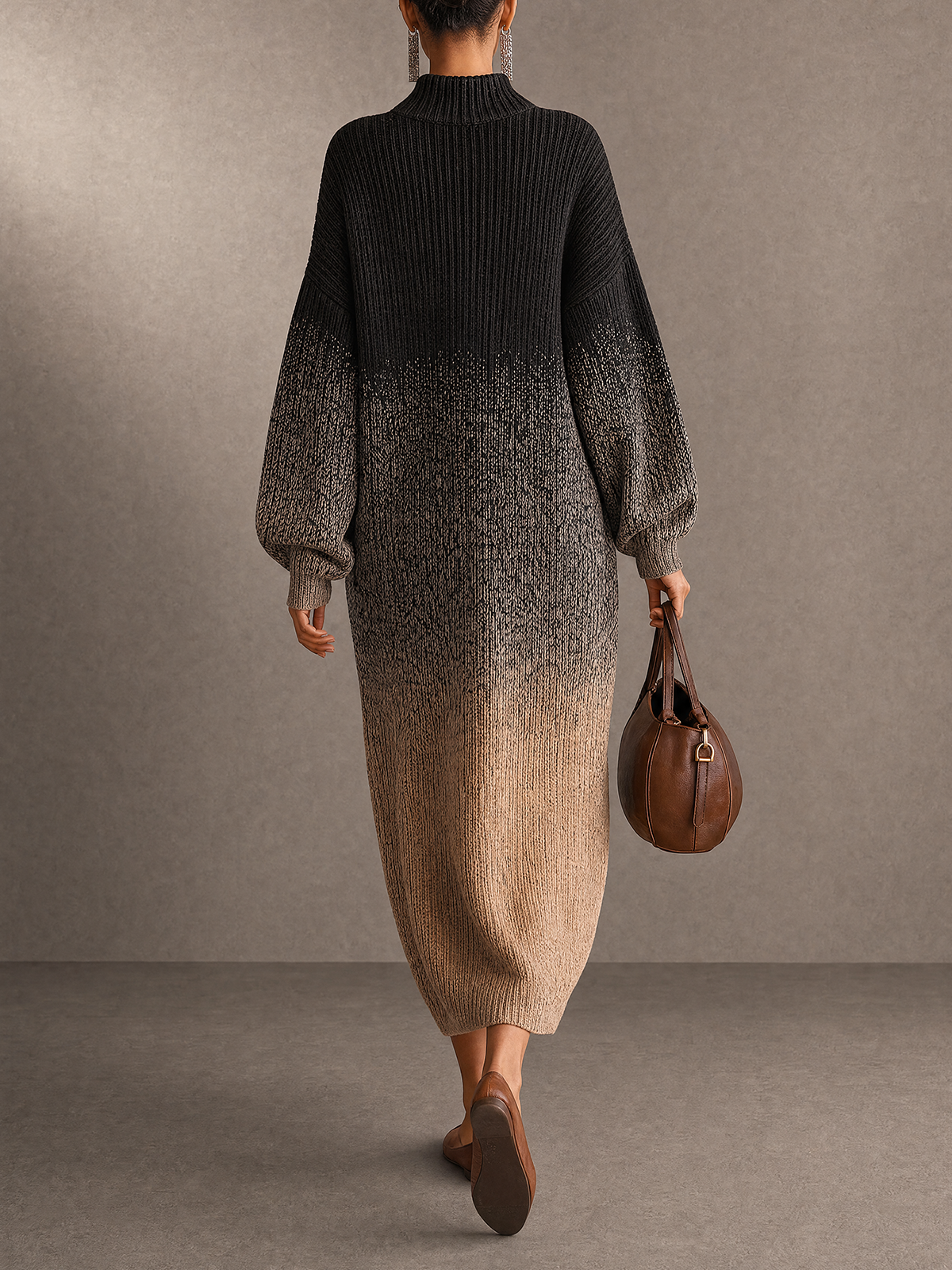 Black To Beige Gradient Turtleneck Knit Maxi Dress