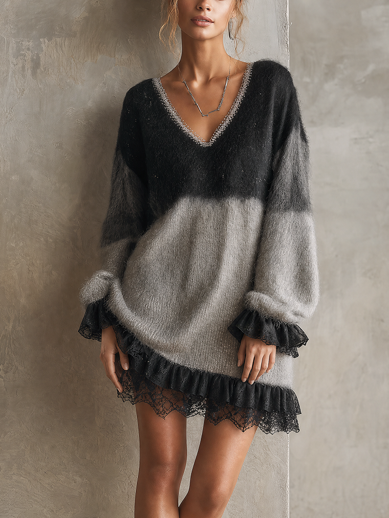 Black And Gray Fuzzy Colorblock V-Neck Mini Sweater Dress
