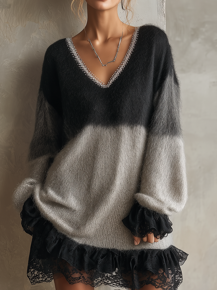 Black And Gray Fuzzy Colorblock V-Neck Mini Sweater Dress