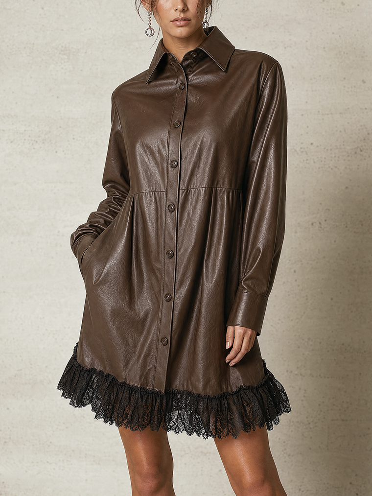 Chocolate Brown Faux Leather Lace-Hem Shirt Mini Dress