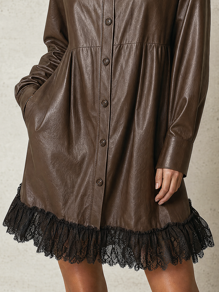 Chocolate Brown Faux Leather Lace-Hem Shirt Mini Dress