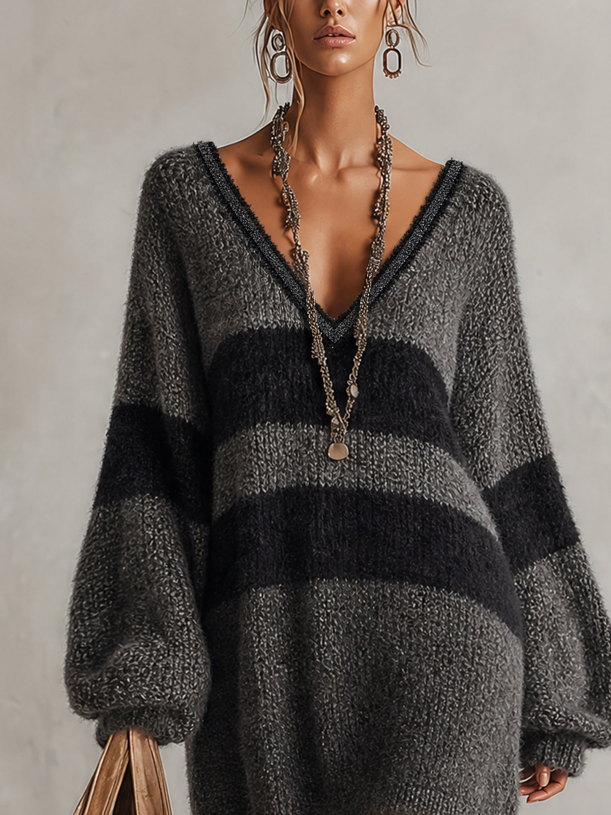 Black And Gray Colorblock Oversized V-Neck Mini Dress