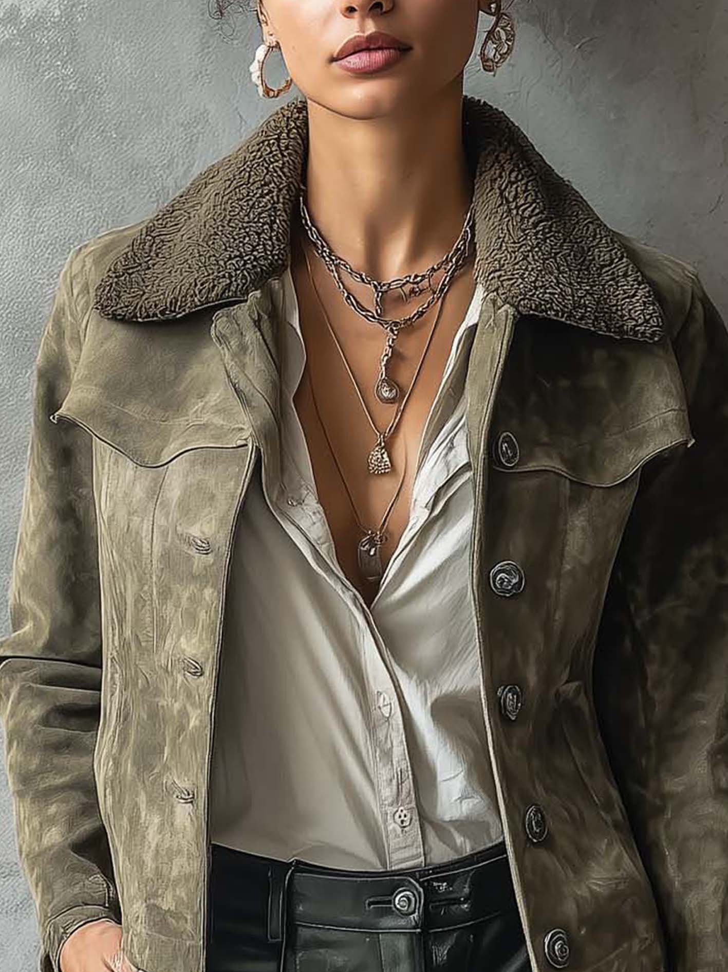 Distressed Olive Faux Suede Jacket With Fleece Collar And Button Front