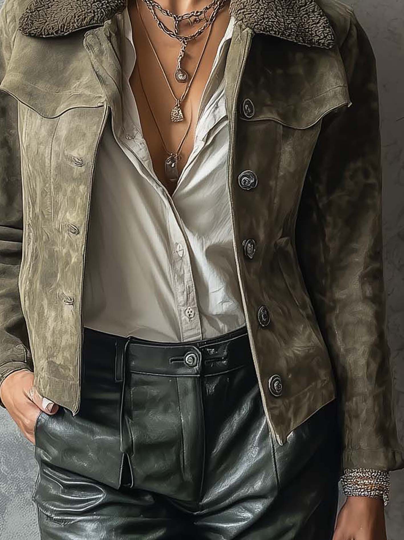 Distressed Olive Faux Suede Jacket With Fleece Collar And Button Front