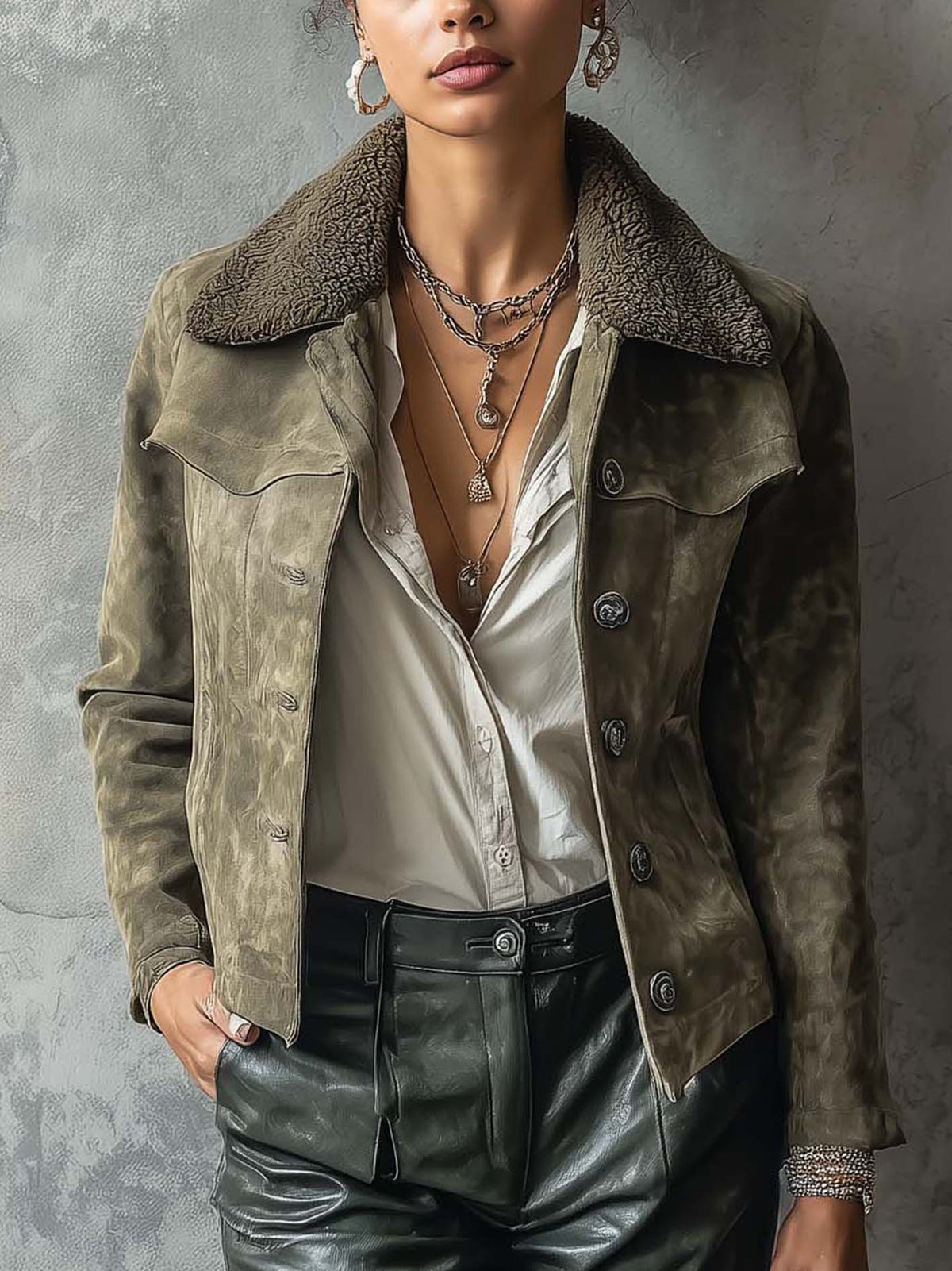Distressed Olive Faux Suede Jacket With Fleece Collar And Button Front