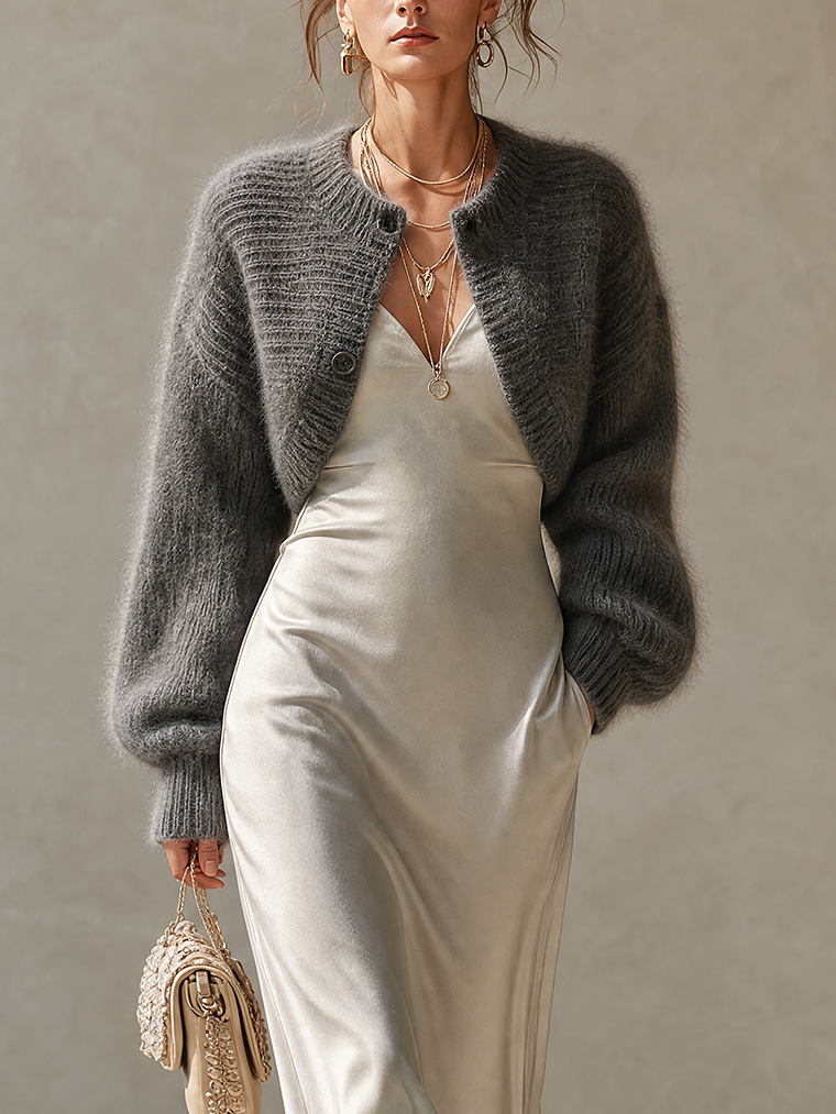 Charcoal Fuzzy Knit Bolero And Ivory Satin Lace-Hem Midi Dress Set