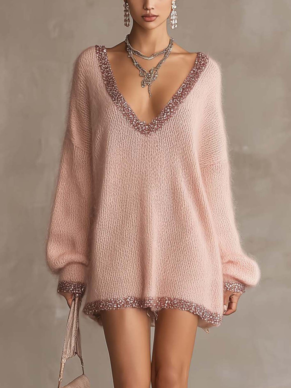 Blush Pink Fuzzy Knit Mini Dress With Shimmer Trim Deep V-Neck
