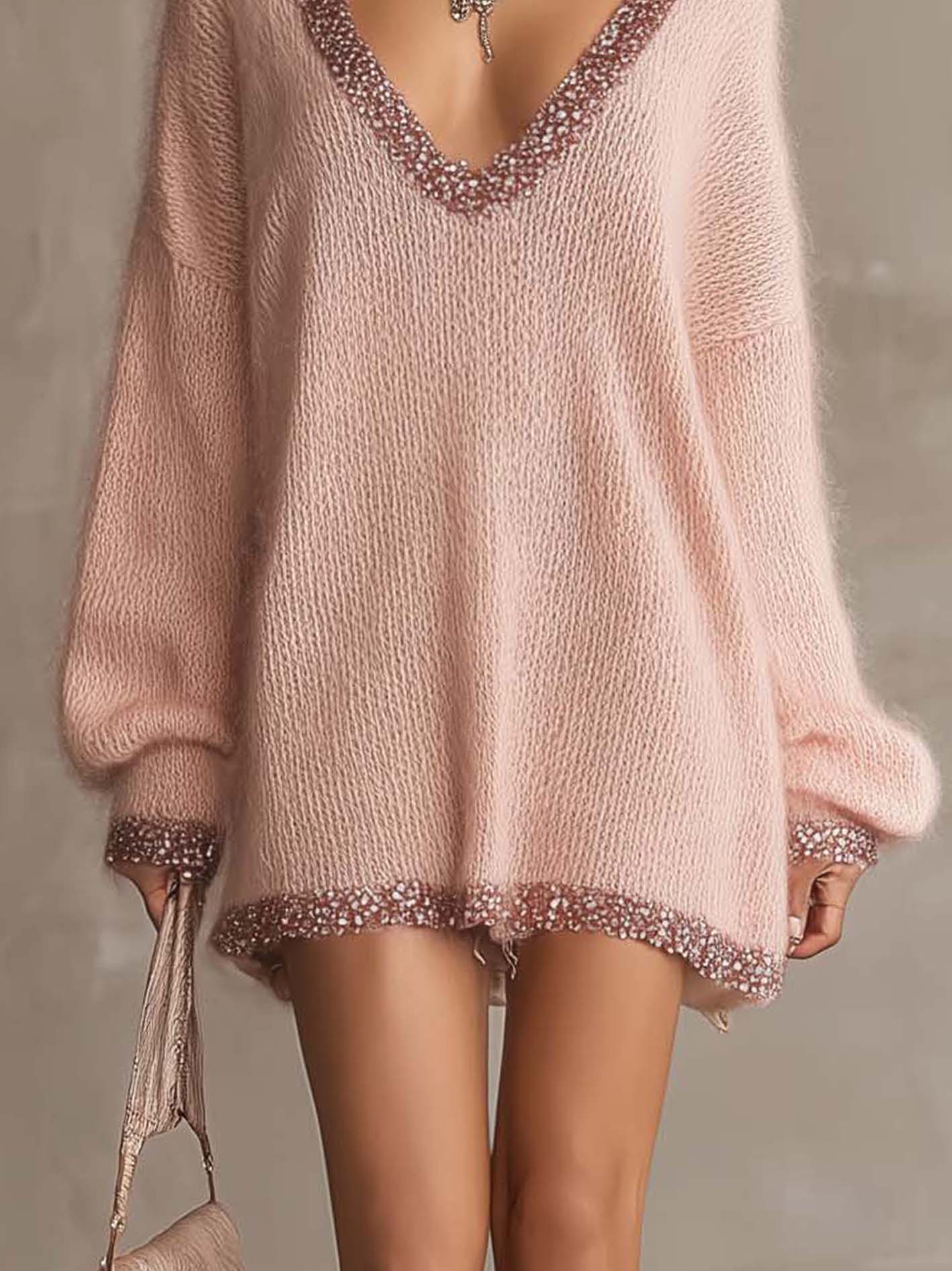 Blush Pink Fuzzy Knit Mini Dress With Shimmer Trim Deep V-Neck