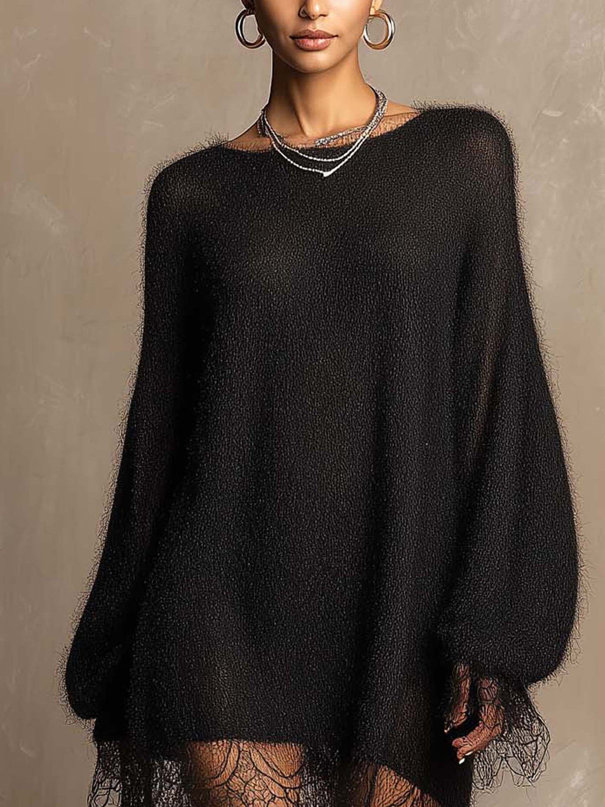 Black Fuzzy Knit Mini Dress With Sheer Lace Hem