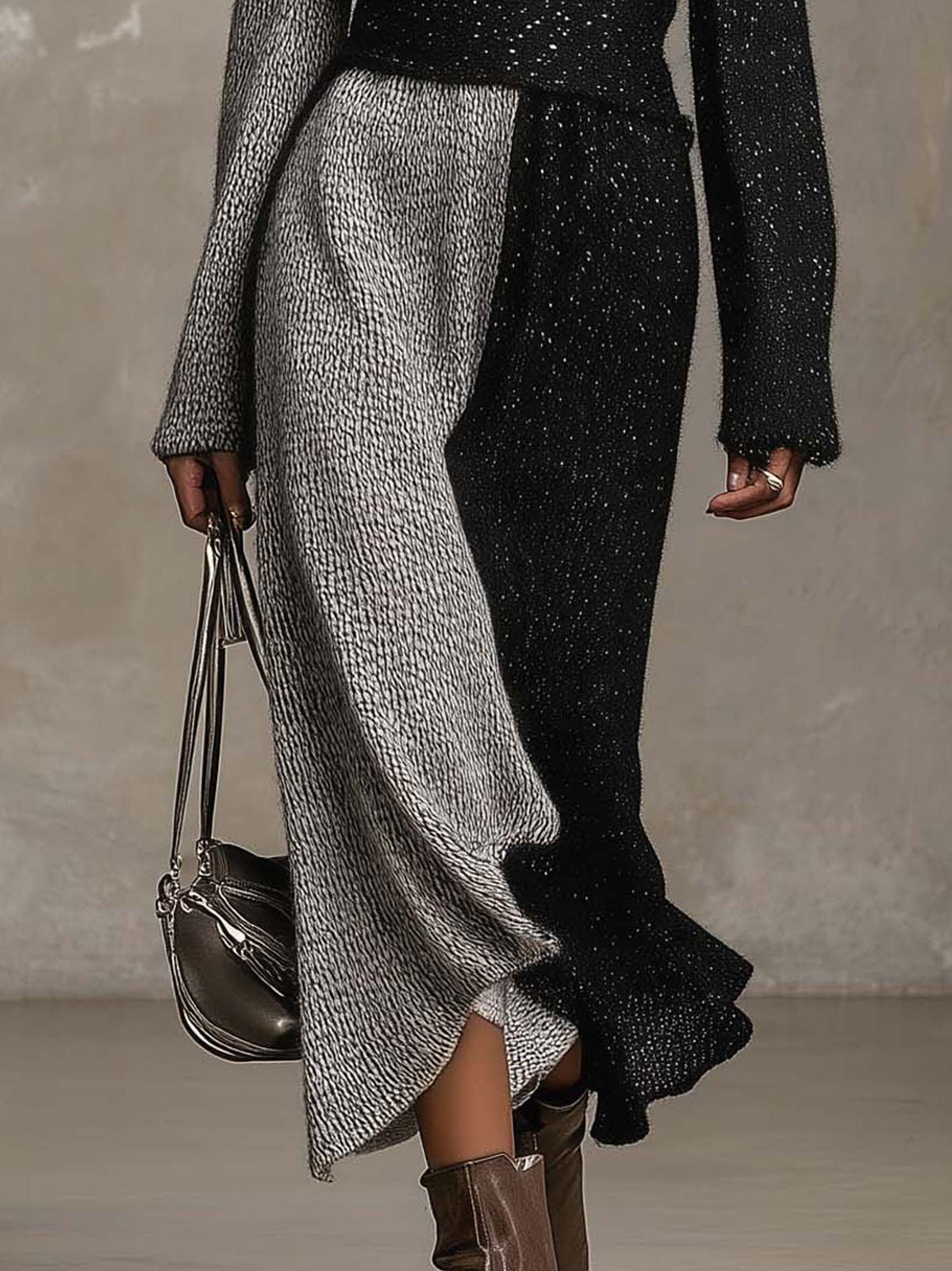 Black And Silver Color Block Knit Maxi Dress With Belt