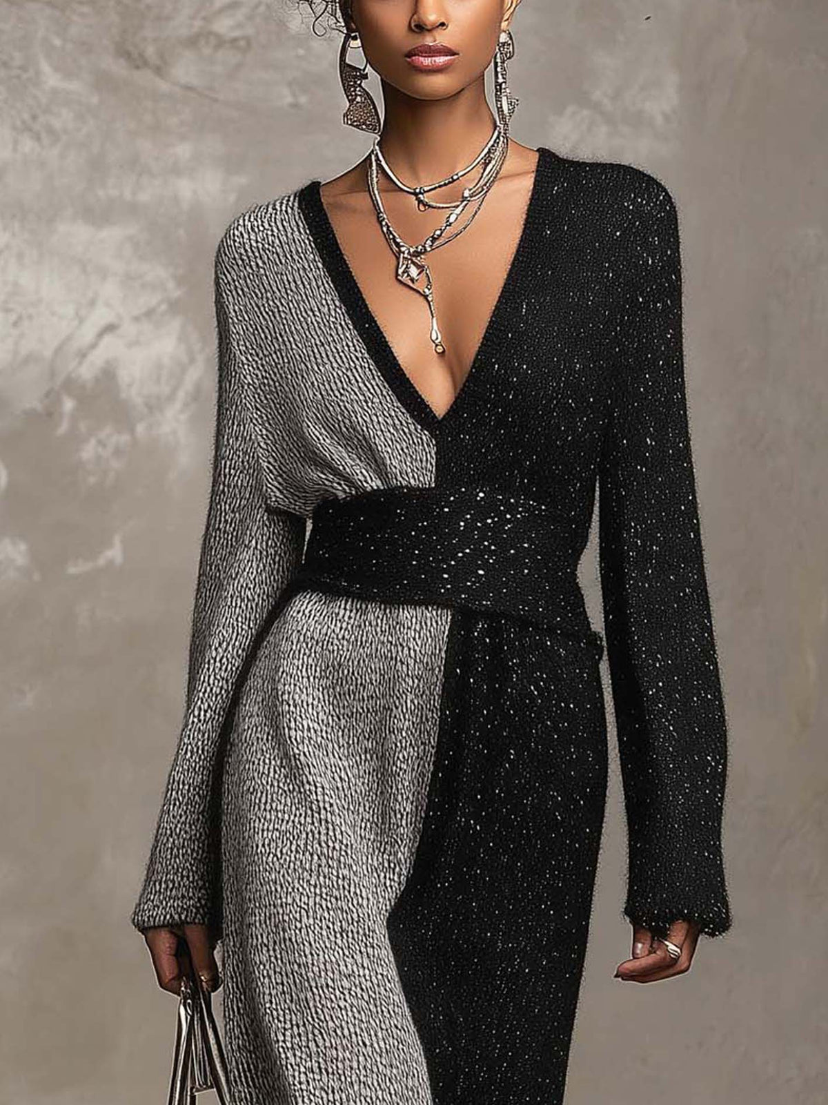 Black And Silver Color Block Knit Maxi Dress With Belt