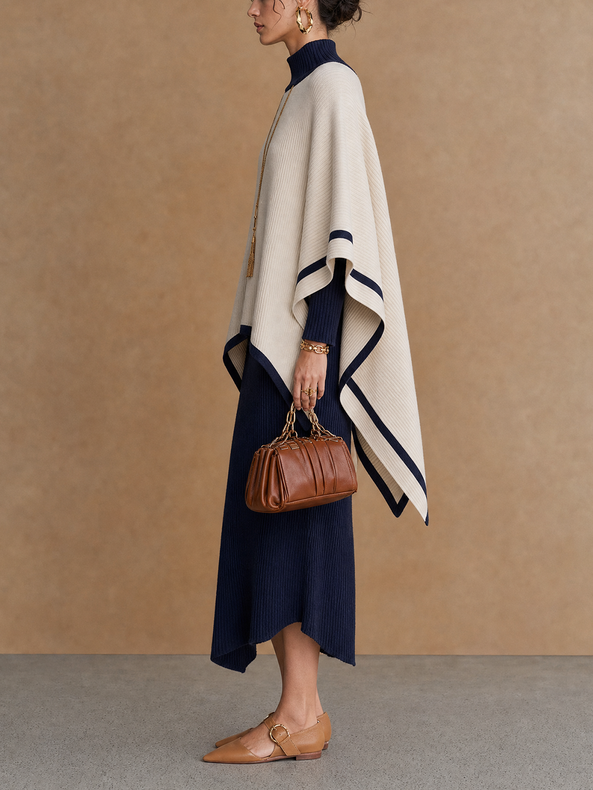 Navy And Cream Turtleneck Knit Poncho Overlay Midi Dress