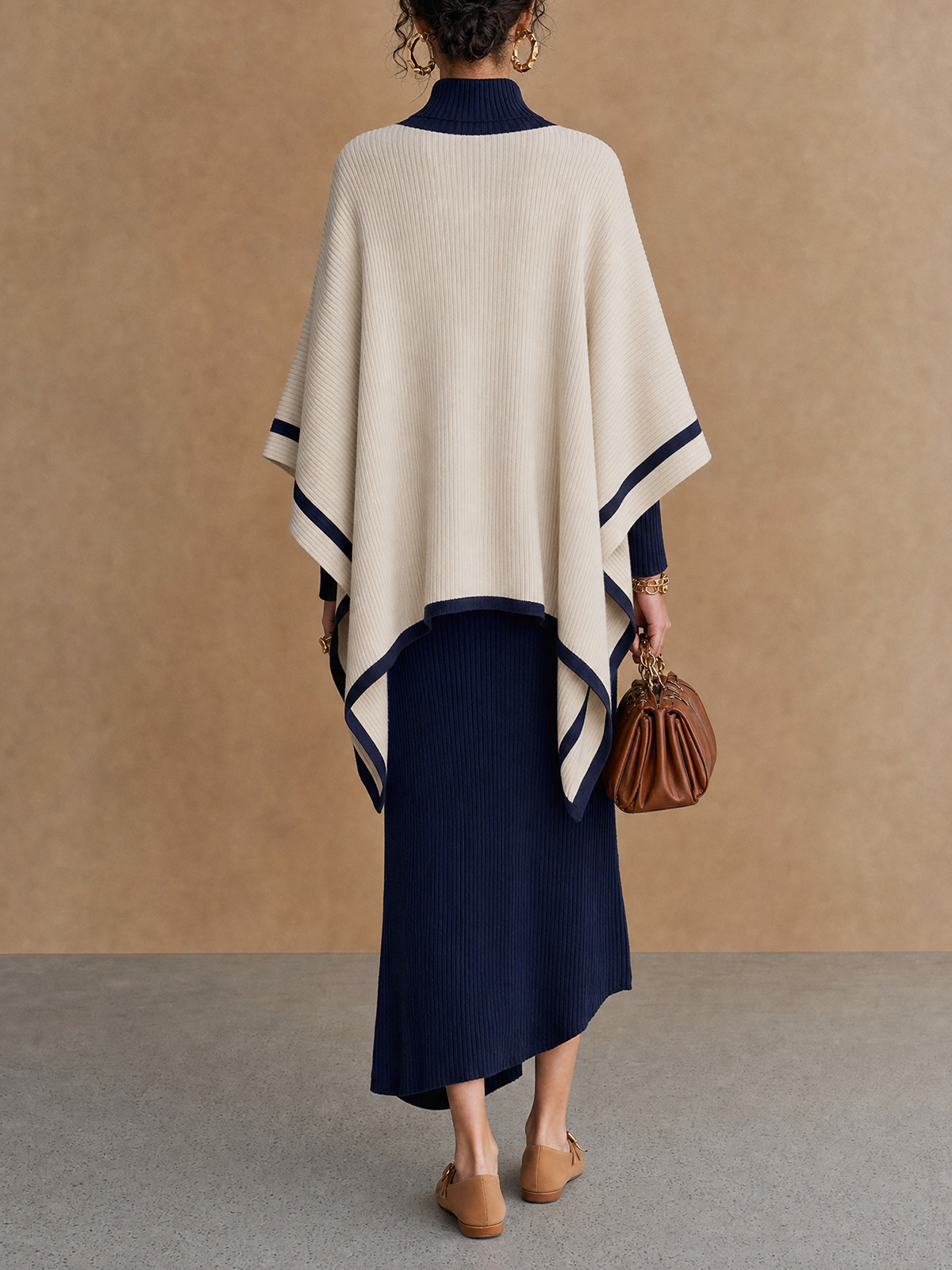 Navy And Cream Turtleneck Knit Poncho Overlay Midi Dress