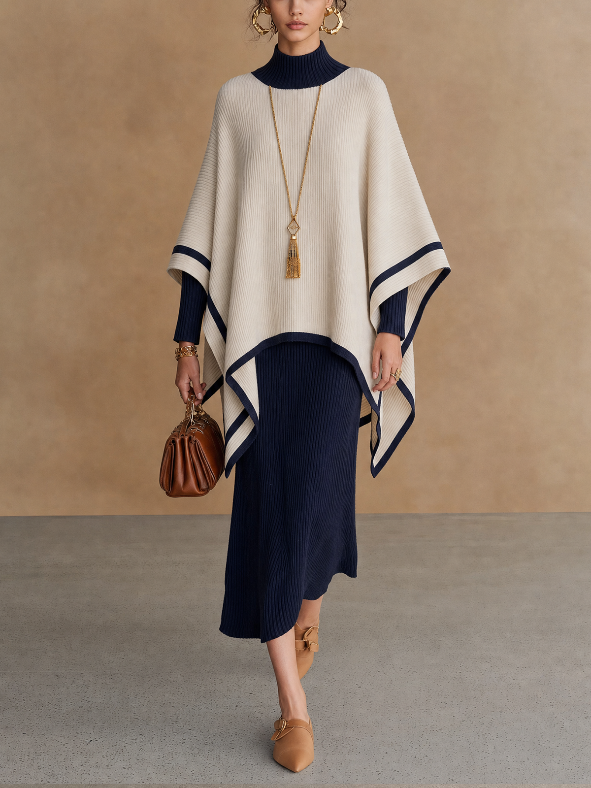 Navy And Cream Turtleneck Knit Poncho Overlay Midi Dress