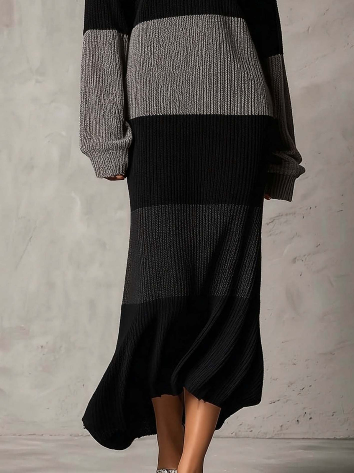 Black And Gray Color Block Knit Maxi Dress With Sheer Mesh Neckline