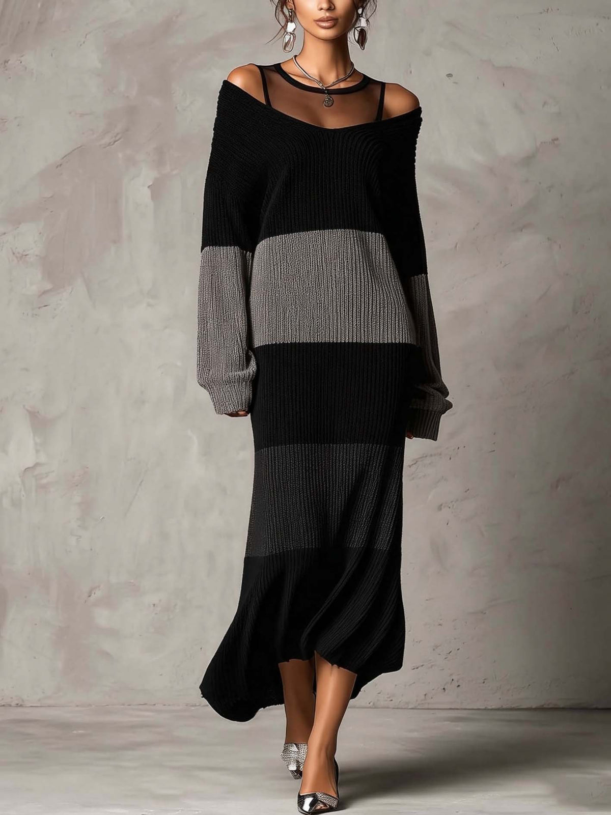 Black And Gray Color Block Knit Maxi Dress With Sheer Mesh Neckline