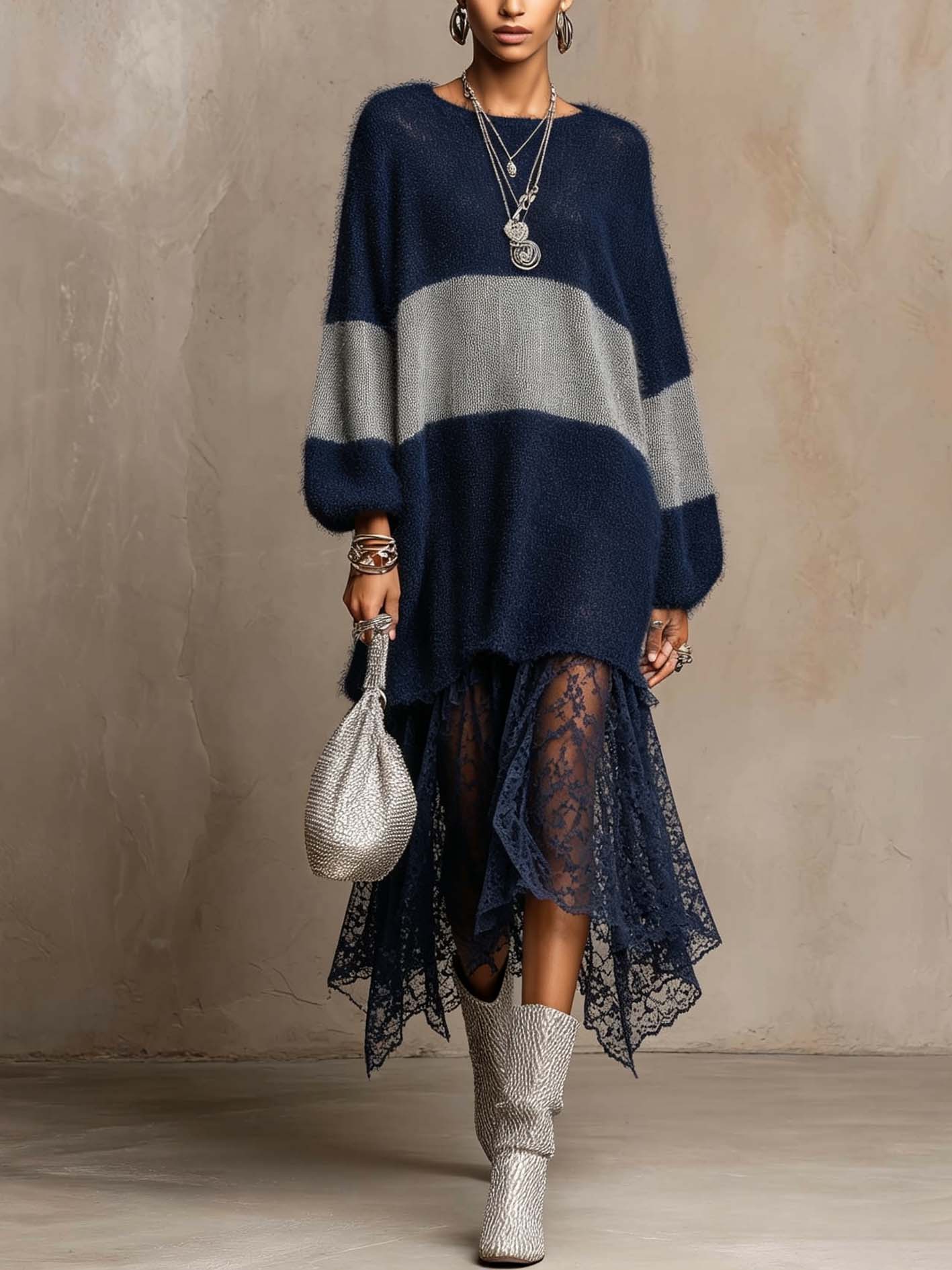 Navy Color Block Knit Midi Dress With Sheer Lace Patchwork Hem