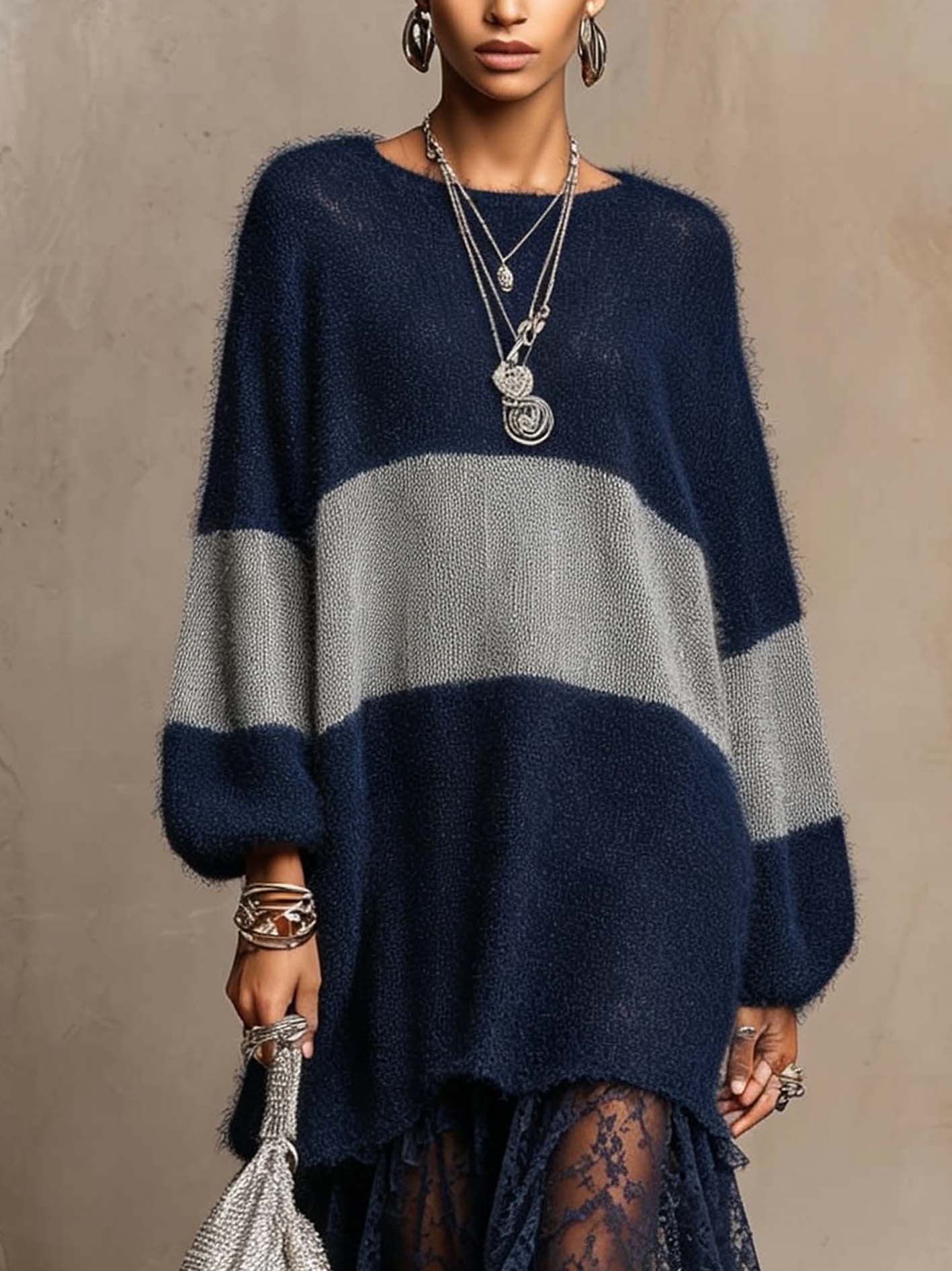 Navy Color Block Knit Midi Dress With Sheer Lace Patchwork Hem