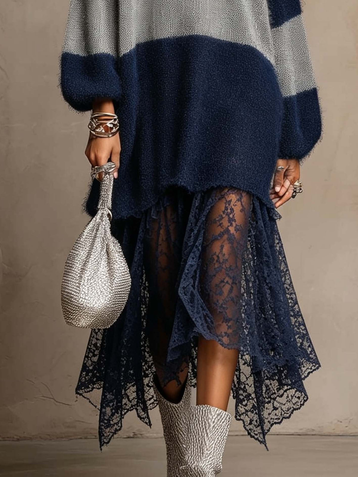 Navy Color Block Knit Midi Dress With Sheer Lace Patchwork Hem