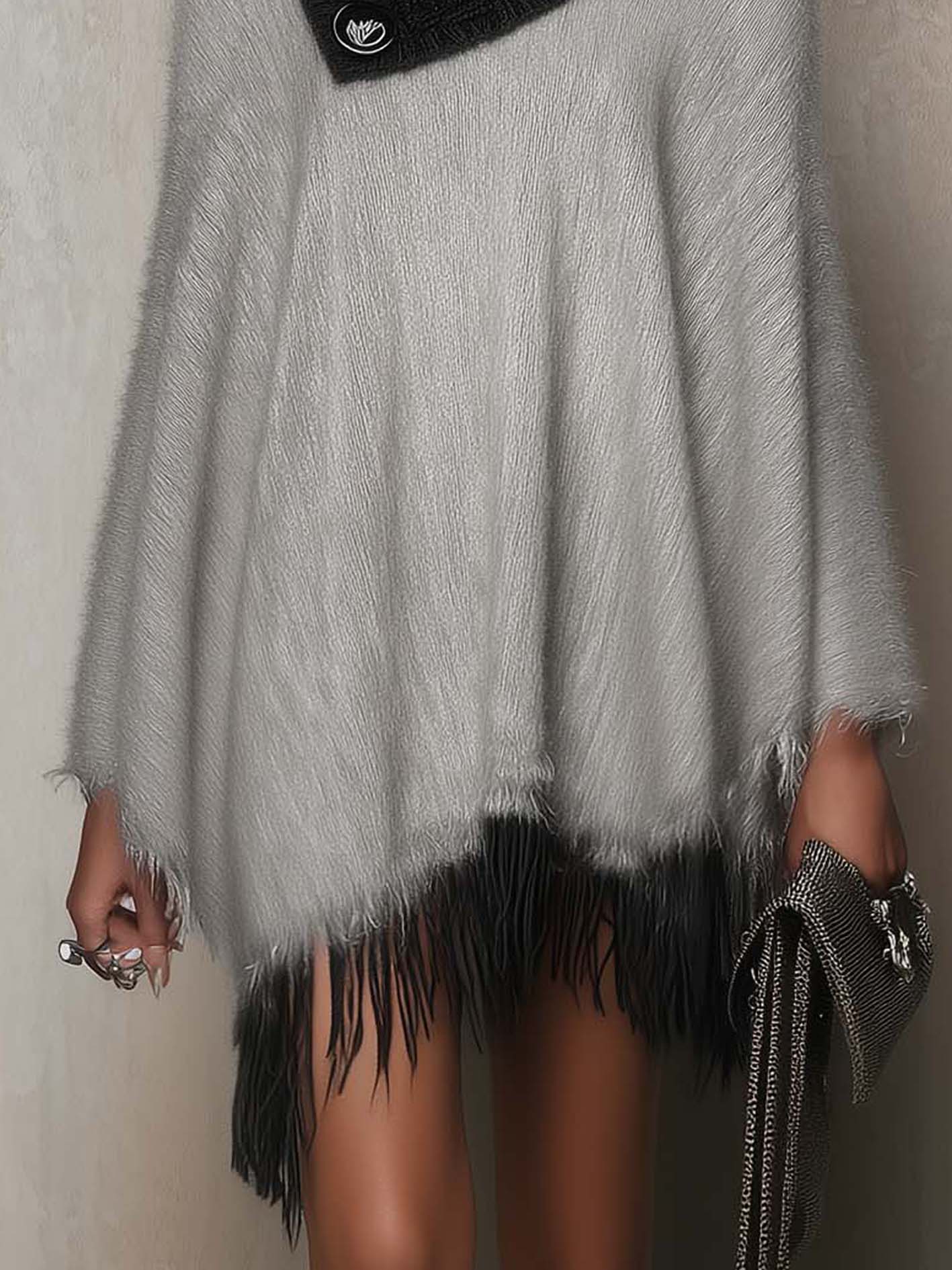 Gray Fuzzy Knit Mini Dress With Black Cable Knit Patchwork And Fringe Hem