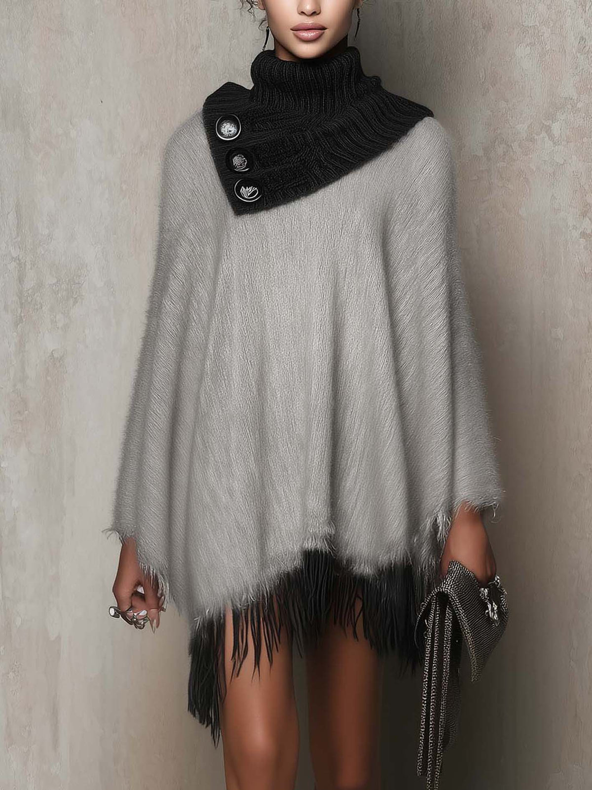 Gray Fuzzy Knit Mini Dress With Black Cable Knit Patchwork And Fringe Hem