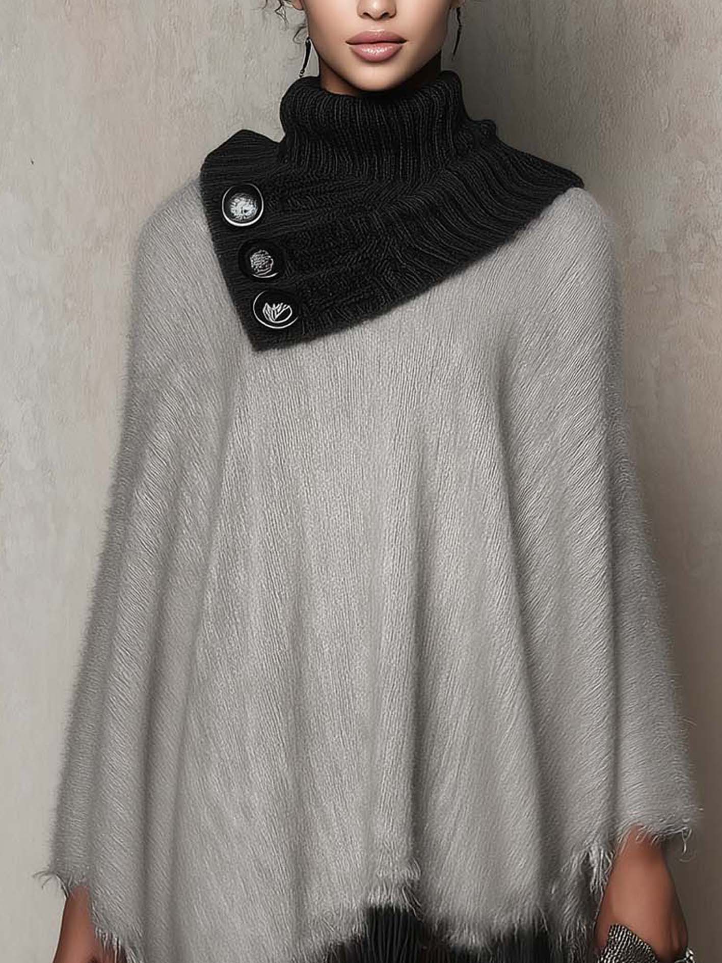 Gray Fuzzy Knit Mini Dress With Black Cable Knit Patchwork And Fringe Hem
