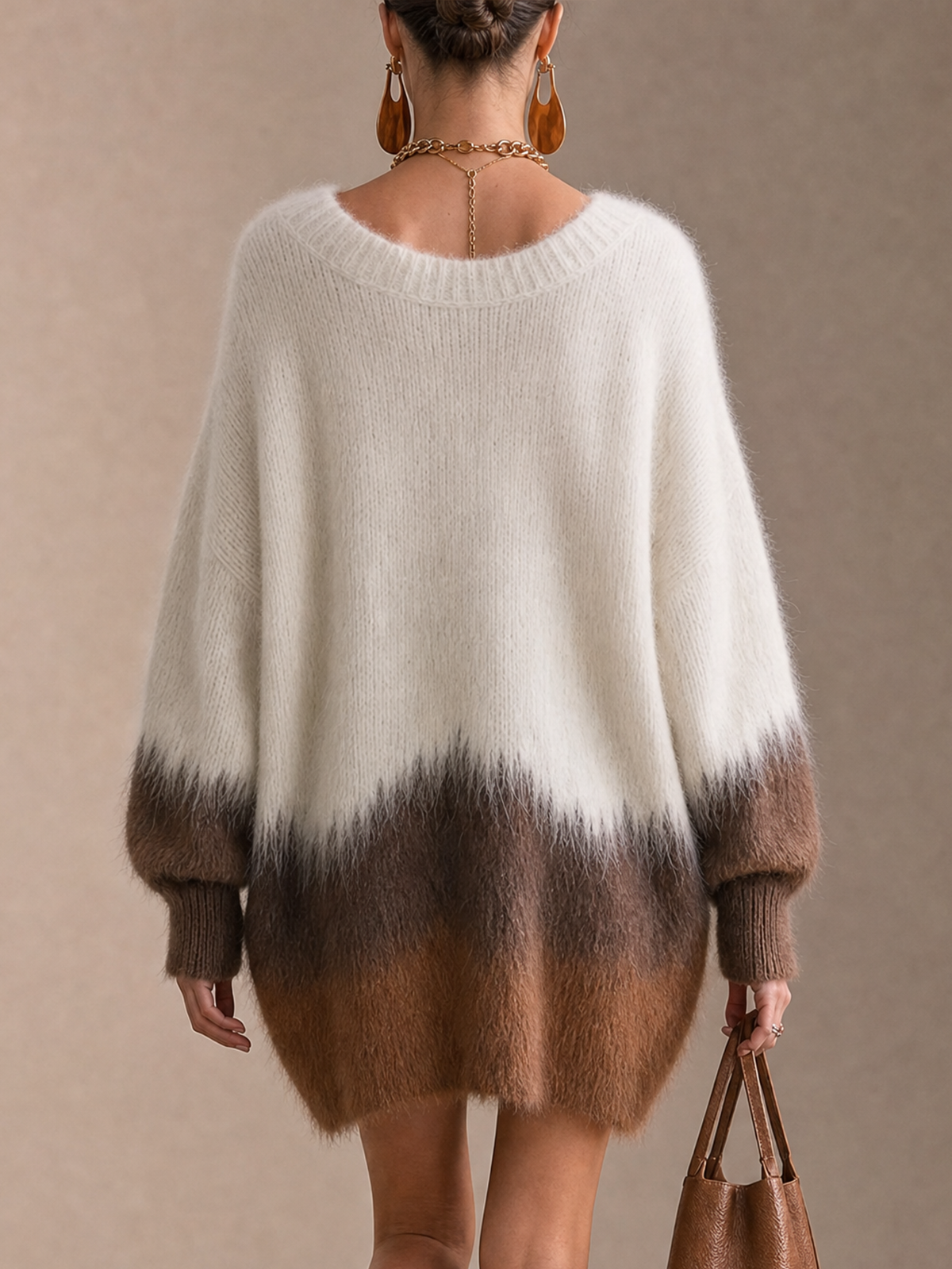 Cream Brown Ombre Fuzzy V-Neck Knit Mini Dress