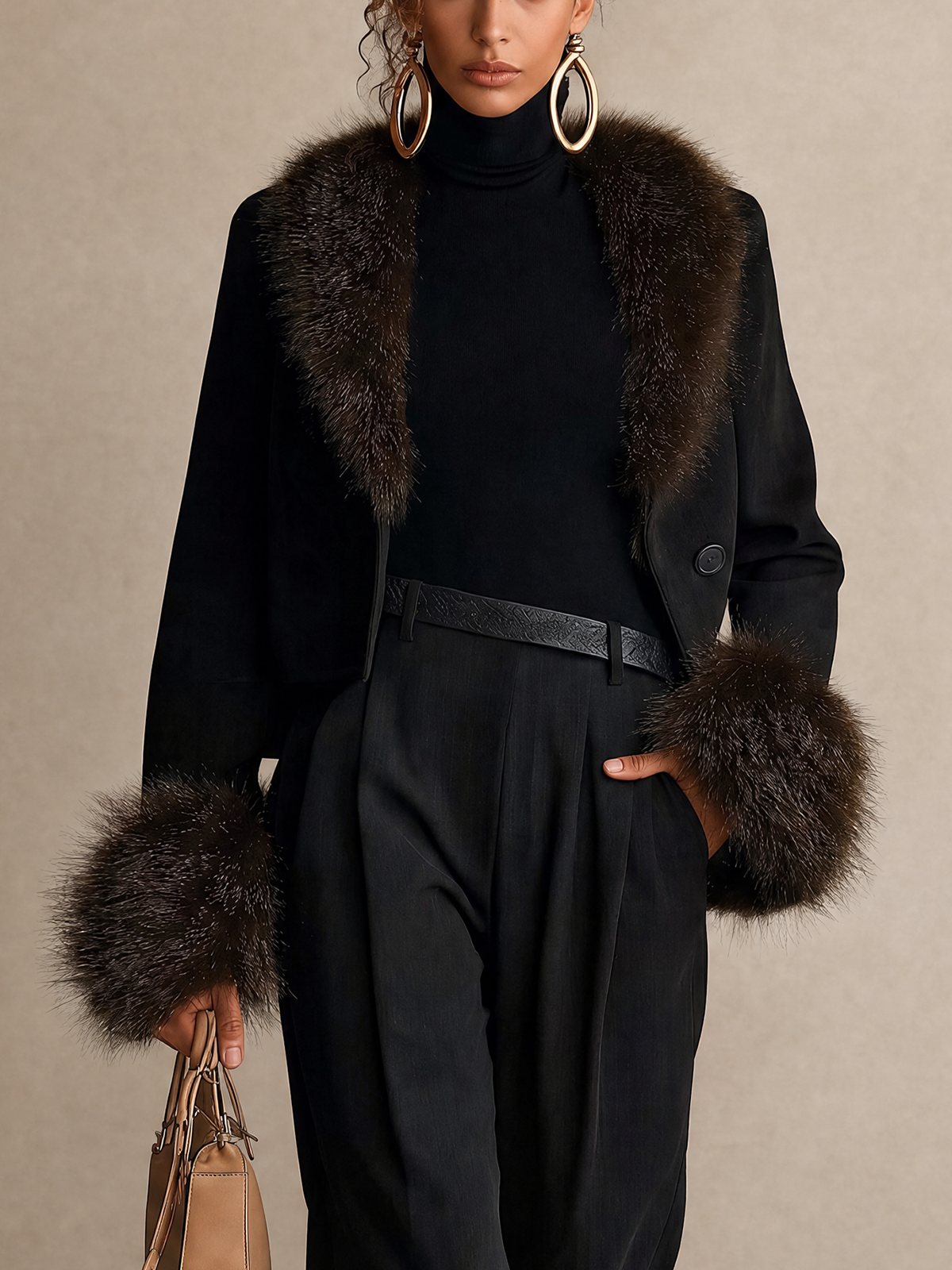 Black Faux Fur Collar And Cuff Cropped Woven Tweed Jacket