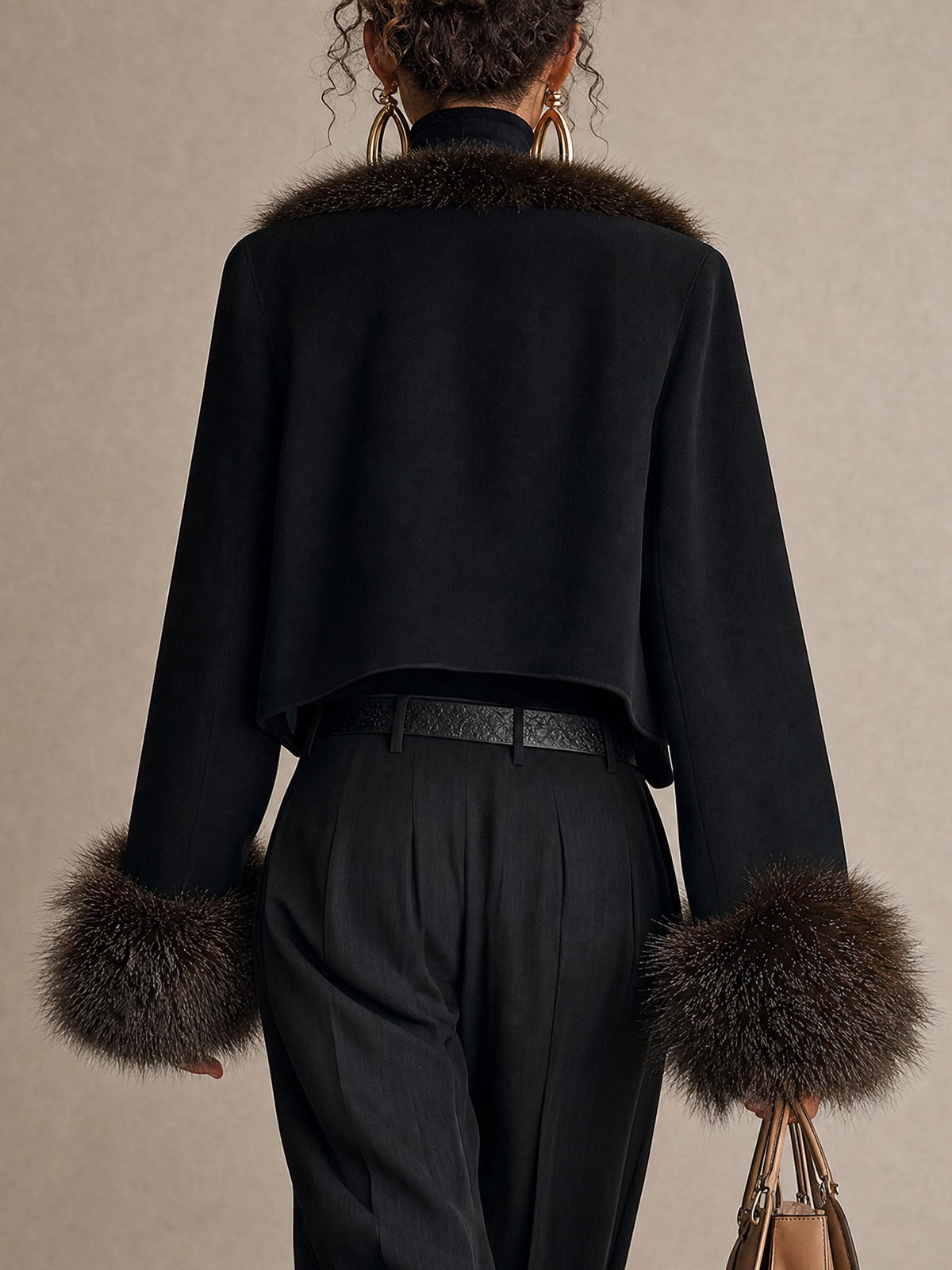 Black Faux Fur Collar And Cuff Cropped Woven Tweed Jacket