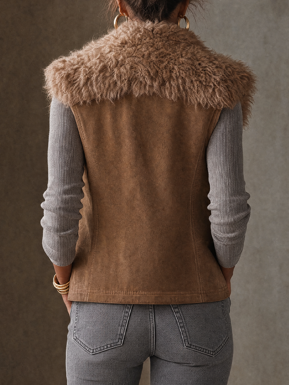 Taupe Faux Shearling Lapel Suede Vest