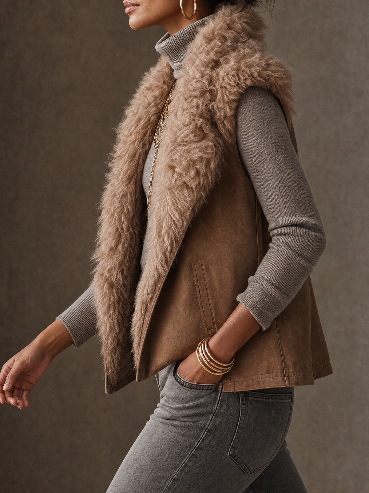 Taupe Faux Shearling Lapel Suede Vest