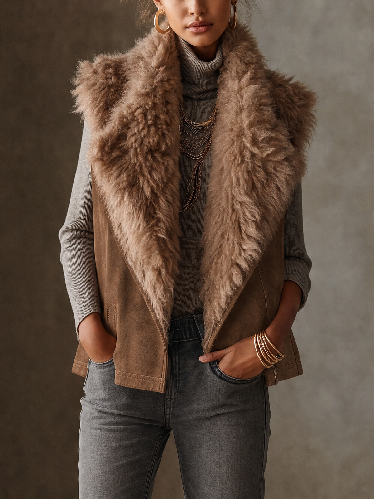 Taupe Faux Shearling Lapel Suede Vest