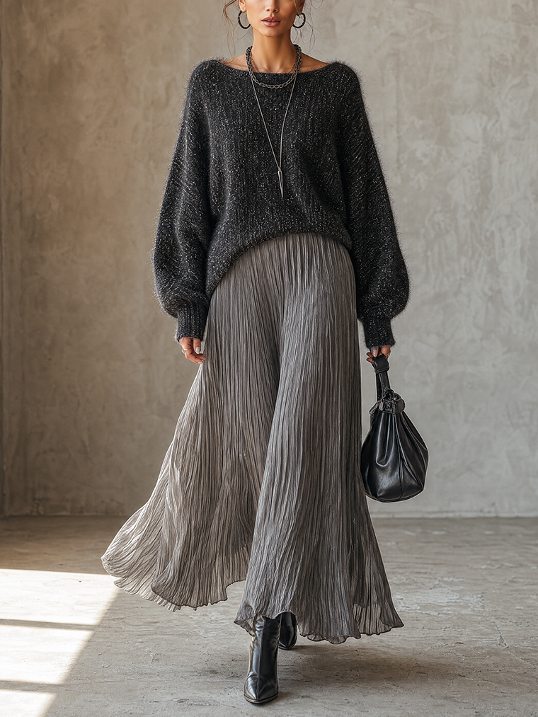 Charcoal Shimmer Knit Sweater And Smoke Gray Pleated Maxi Skirt Set