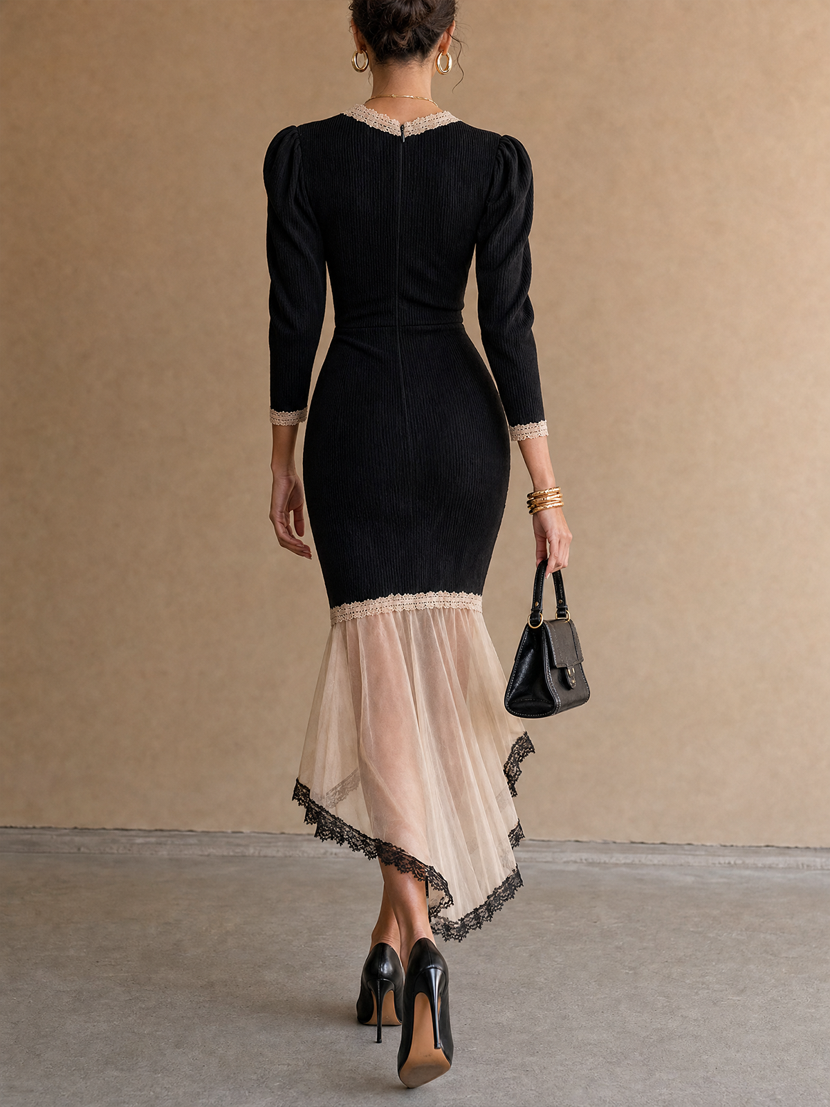 Black Wrap V-Neck Lace Trim Mermaid Midi Dress