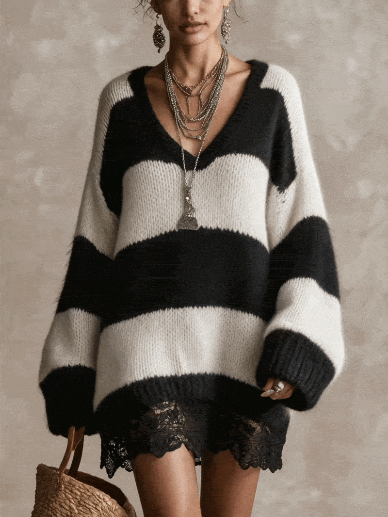Black And White Striped V‑Neck Lace Hem Knit Mini Dress