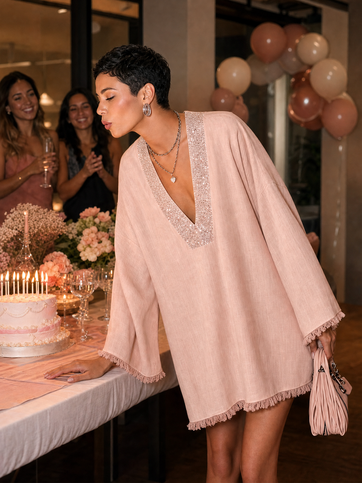 Blush Pink Linen Mini Dress With Rhinestone Trim And Fringe Hem