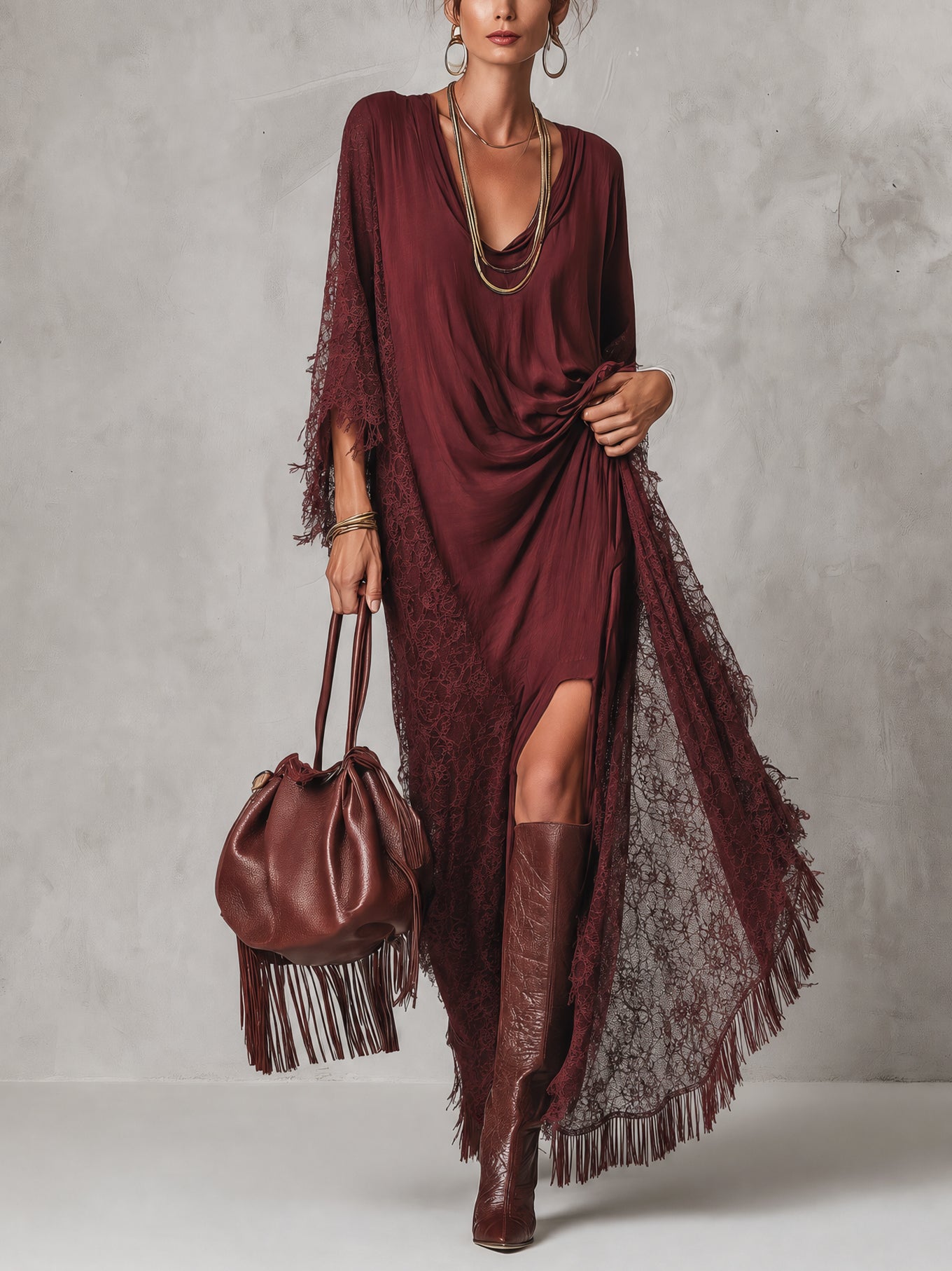 Vintage Burgundy Cotton Blend Lace Panel Slit Maxi Dress