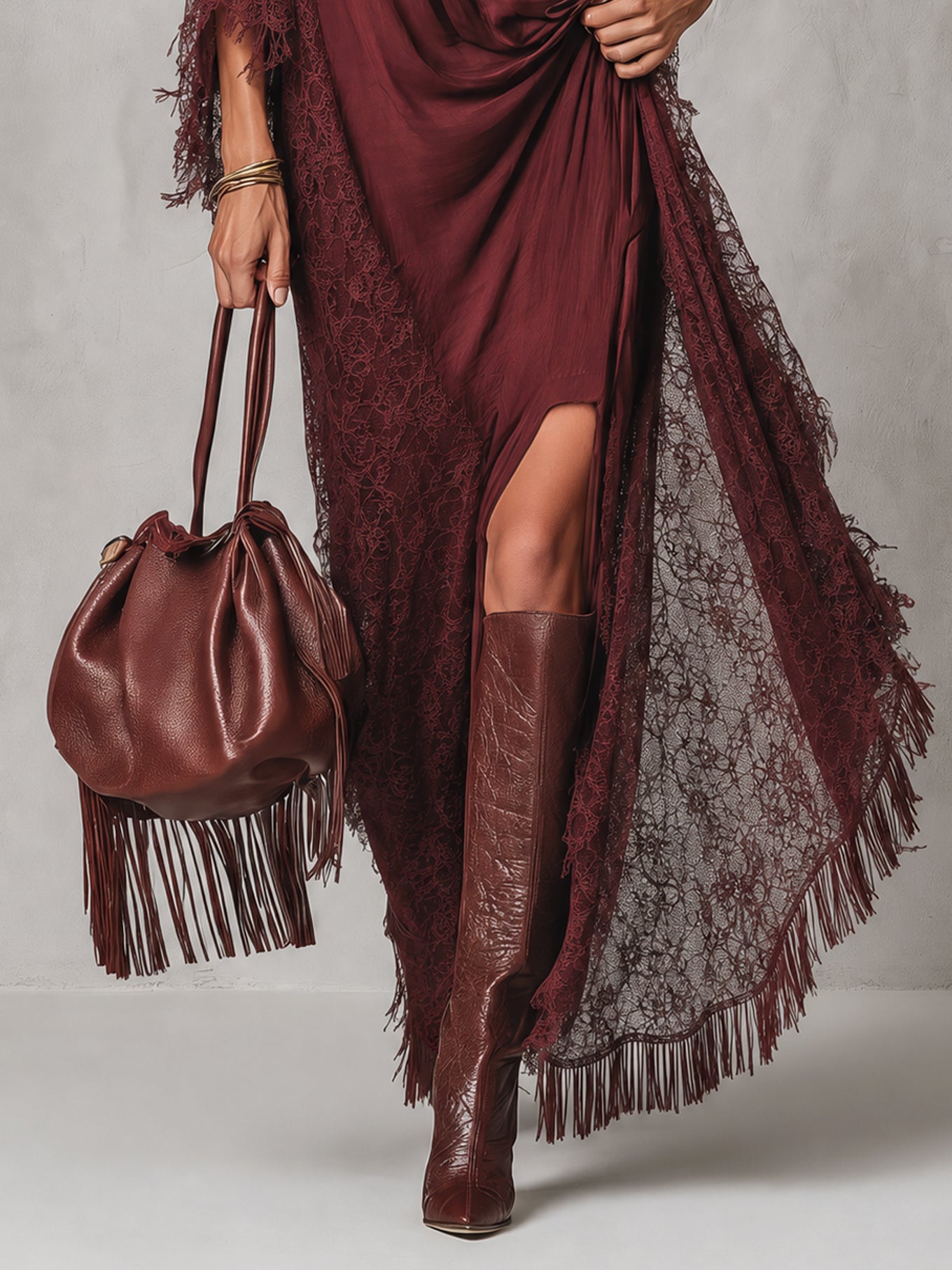 Vintage Burgundy Cotton Blend Lace Panel Slit Maxi Dress