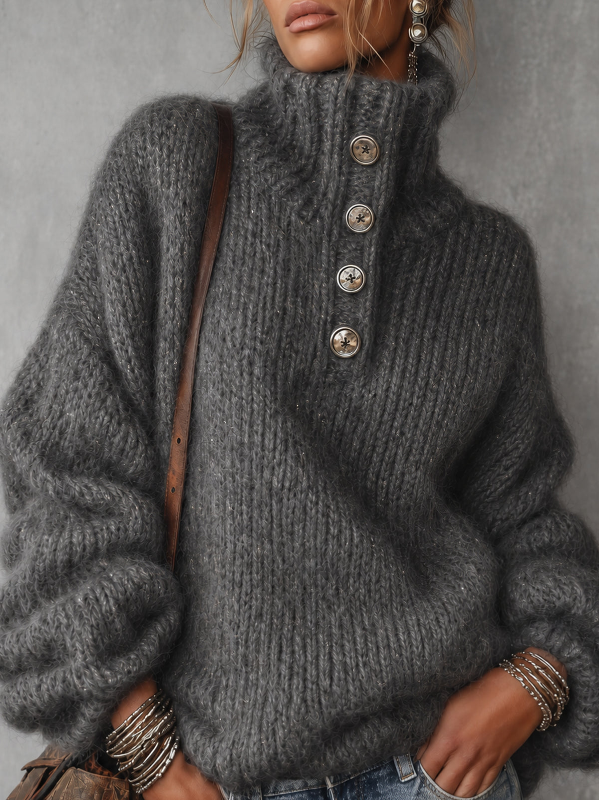 Charcoal Gray Metallic Thread Button Detail Oversized Sweater