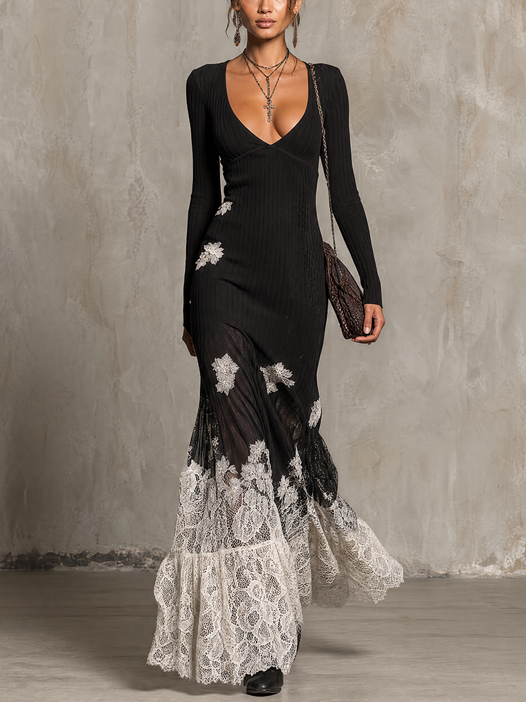 Black Ribbed Knit And Ivory Lace Appliqué Mermaid Maxi Dress