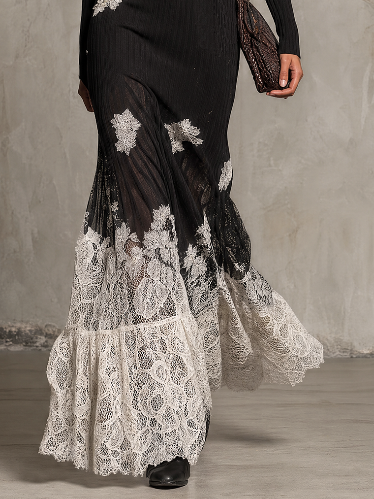 Black Ribbed Knit And Ivory Lace Appliqué Mermaid Maxi Dress