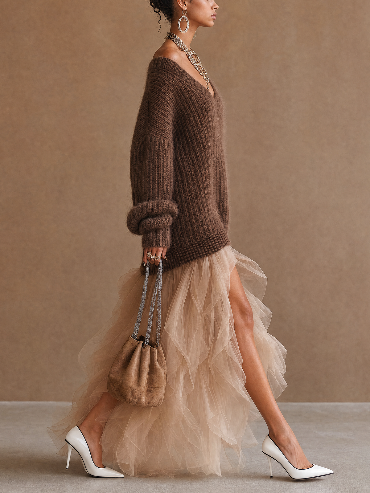 Brown Fuzzy Knit V-Neck Asymmetric Tulle Maxi Dress