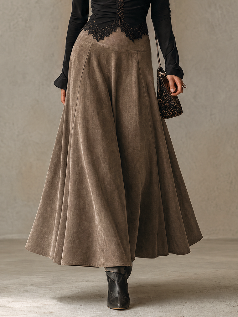 Black Lace-Trim Top And Washed Suede Flared Maxi Skirt Set