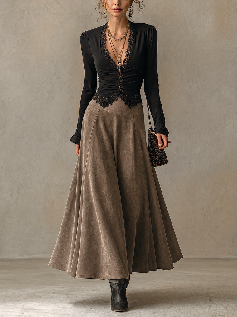 Taupe Washed Suede-Effect Paneled Flared Maxi Skirt