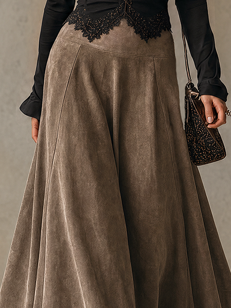 Taupe Washed Suede-Effect Paneled Flared Maxi Skirt
