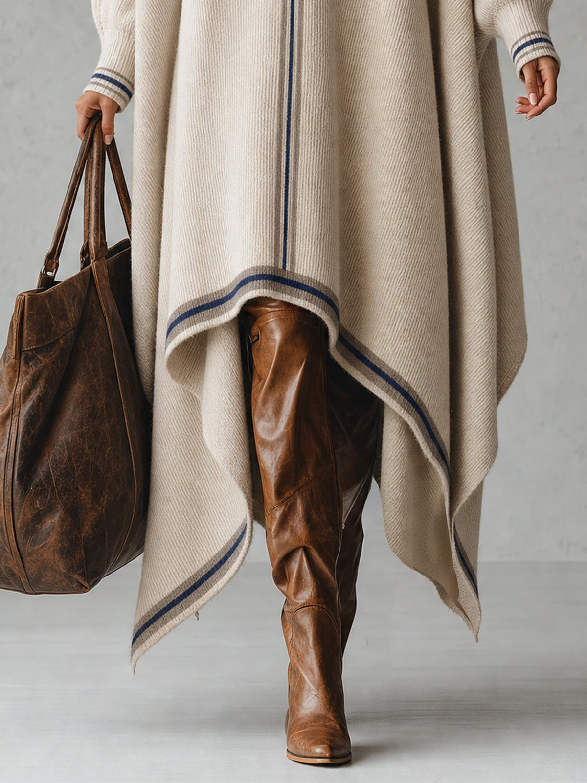 Oatmeal Oversized Striped Asymmetrical Hem Midi Dress