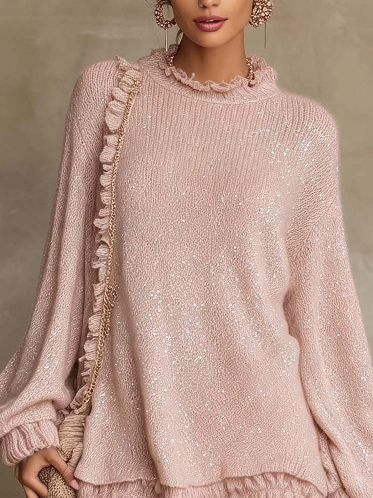 Blush Pink Glitter Thread Knit Ruffle Trim Mini Dress