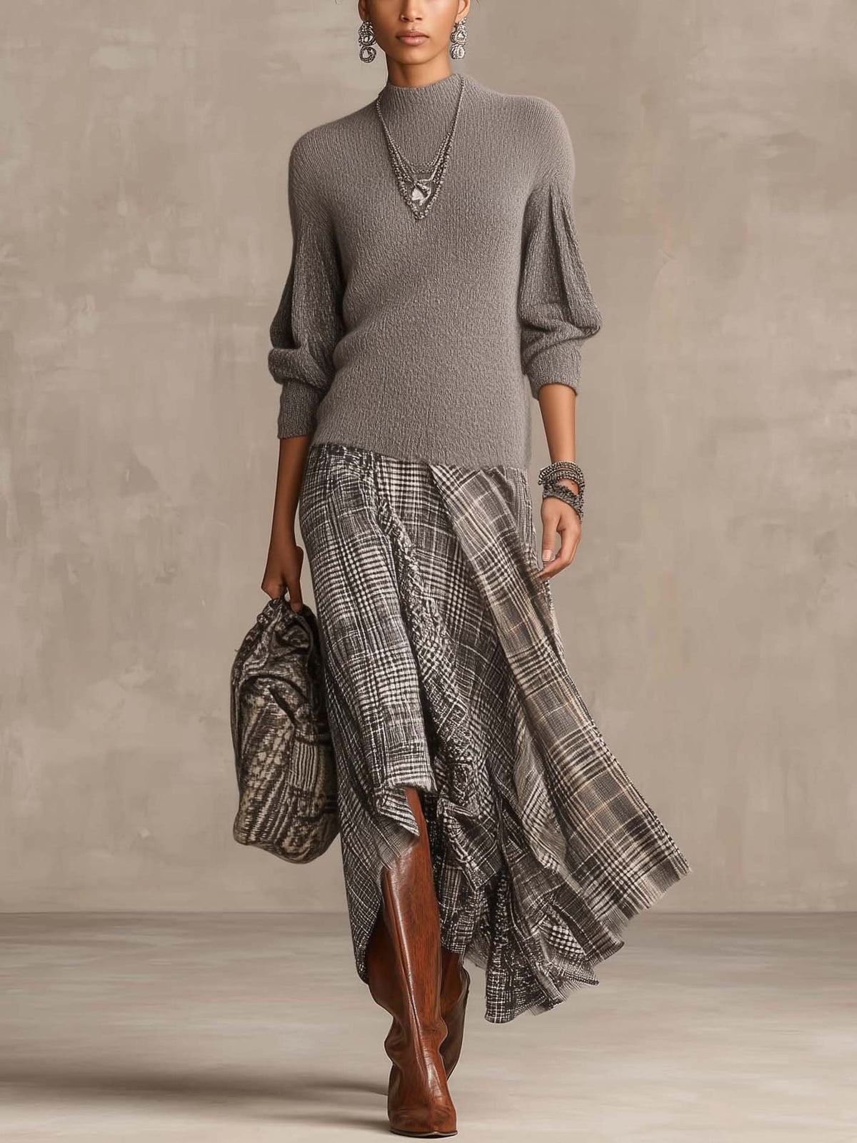 Gray Knit Plaid Patchwork Maxi Dress
